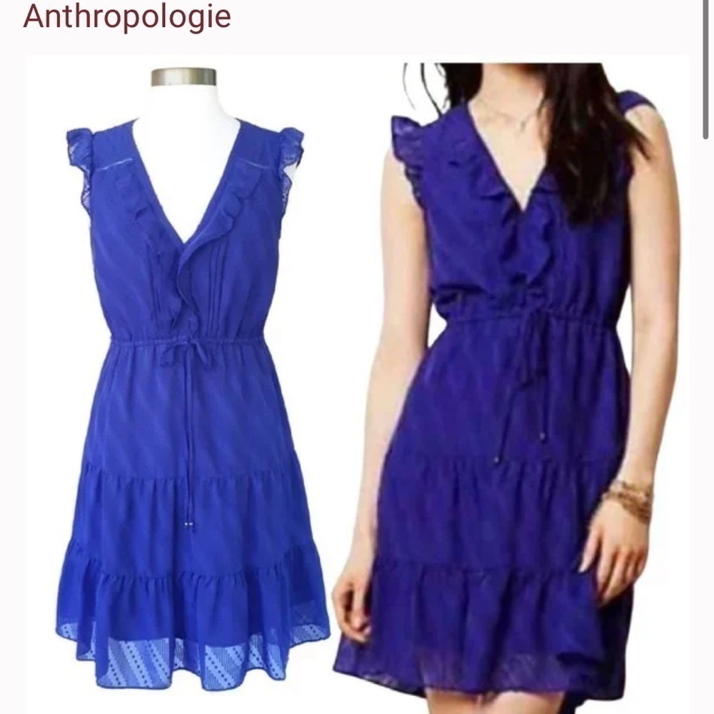 HD In Paris Anthropologie Signe Blue Tiered Ruffle Swiss‎ Dot Mini Dress